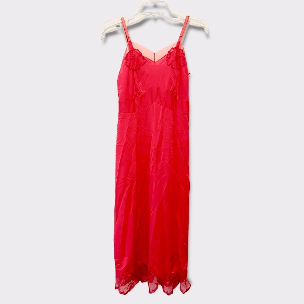Vintage 50s Red Maxi Long Slip Nightgown with Flower Trim Sz 34 - Picture 8 of 8